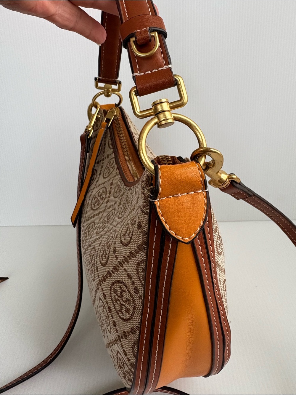 Tory Burch Crescent Crossbody Bag tan brown Color Handbag small  EUC - Picture 7 of 17